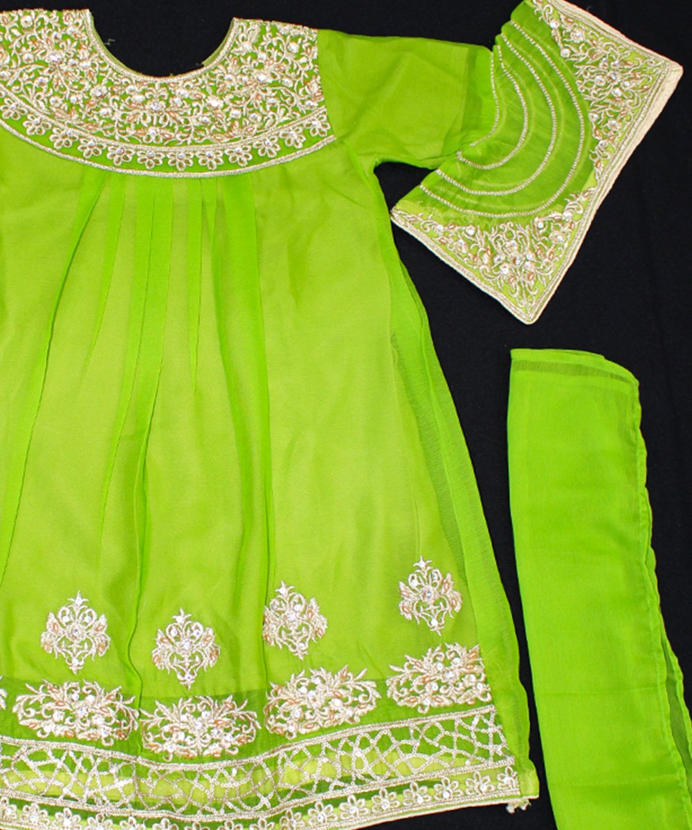 Kids Pakistani Party Dress- Lime and Golden Color – NBKPD21557-4