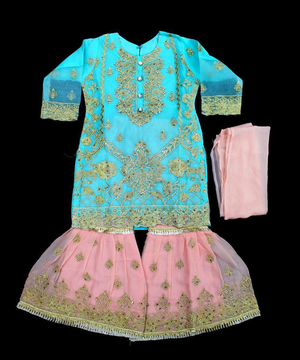 Kids Sharara Dress-Peach and Paste Color-NBKD21553-1