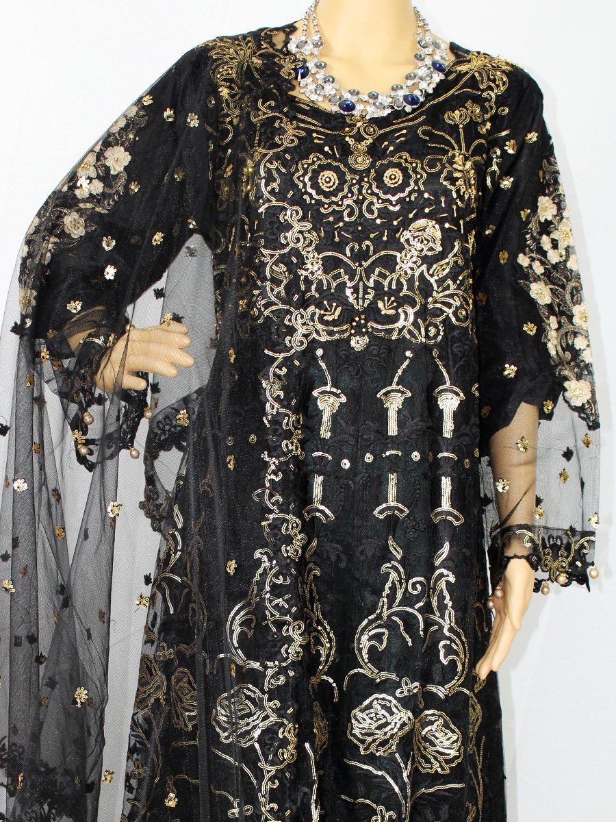 Black Net Embroidered Long Maxi Suit – NBLM-188804
